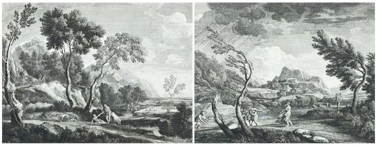 AFTER GASPAR POUSSIN engravings - two classical figures in Italianate landscapes, 30 x 39cms (2)