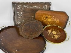 ASSORTED TEA TRAYS, including two modern marquetry trays, Chinese mother of pearl inlaid tray, brass
