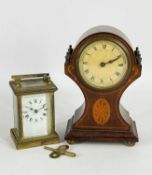 TWO CLOCKS, comprising Edwardian marquetry balloon clock, Roman dial, brass urn finials, ball