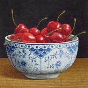 ‡ NIGEL ASHCROFT (20th Century) watercolour - bowl of cherries, signed with initials, labelled