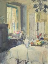 BRITISH SCHOOL watercolour - interior scene with a dressed table and a vase of flowers in the