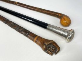 THREE WALKING CANES, including Works Fire Brigade cane for 'W. Holland & Sons' with EPNS-top
