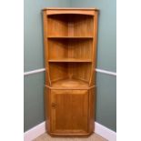 MID-CENTURY ERCOL 743C CORNER DISPLAY CABINET, gold label, two fixed shelves over single door