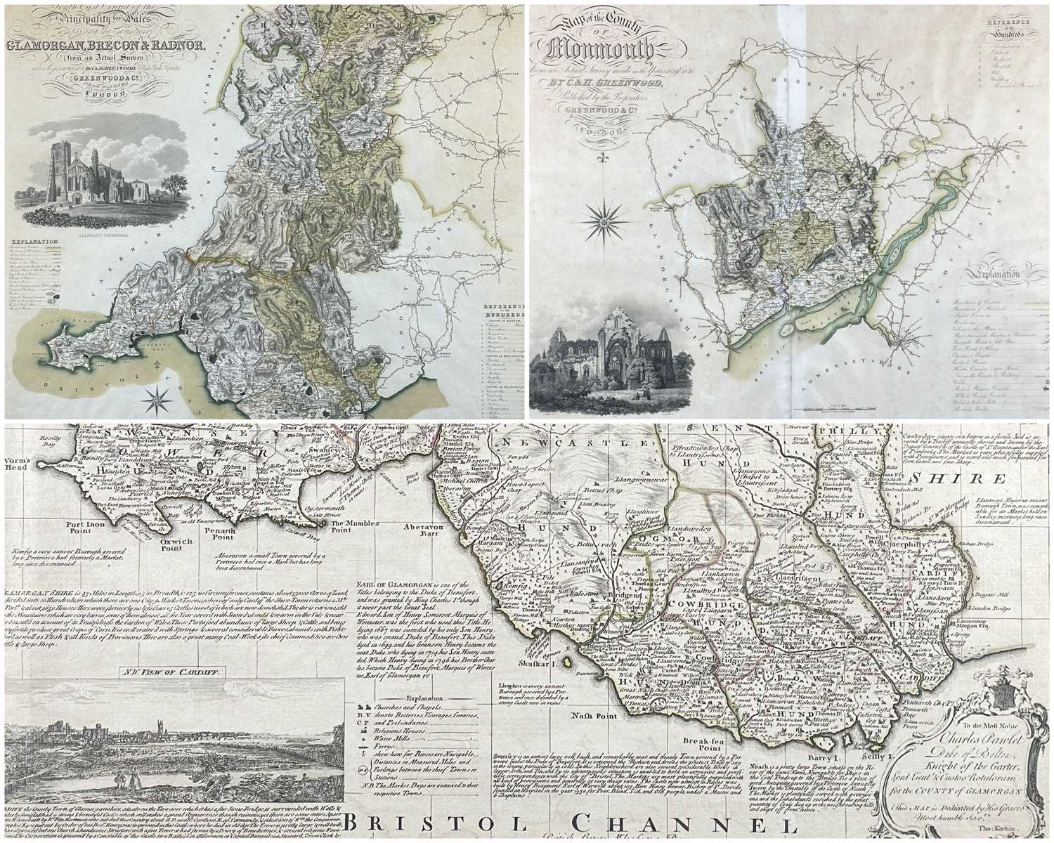 THREE ANTIQUE WELSH MAPS, including Thomas Kitchin 'Glamorganshire', and two larger Greenwood &