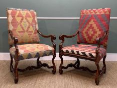PAIR LOUIS XIV-STYLE WALNUT ARMCHAIRS, scrolled arms, legs and stretchers, kilim upholstery, 113h