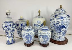 ASSORTED MODERN CHINESE BLUE & WHITE TABLE LAMPS, various sizes and decorates, and including a small
