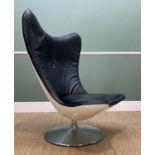 SIR TERENCE CONRAN GLOVE CHAIR, white fibreglass shell, black leather upholstery, swivel and tilt