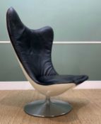 SIR TERENCE CONRAN GLOVE CHAIR, white fibreglass shell, black leather upholstery, swivel and tilt