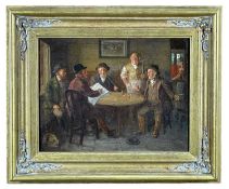 19TH CENTURY BRITISH SCHOOL (MANNER OF JENNY BOND) oil on board - tavern with figures around a table