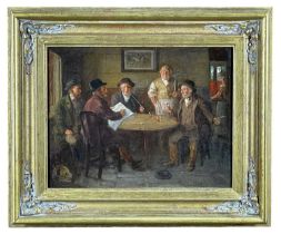 19TH CENTURY BRITISH SCHOOL (MANNER OF JENNY BOND) oil on board - tavern with figures around a table