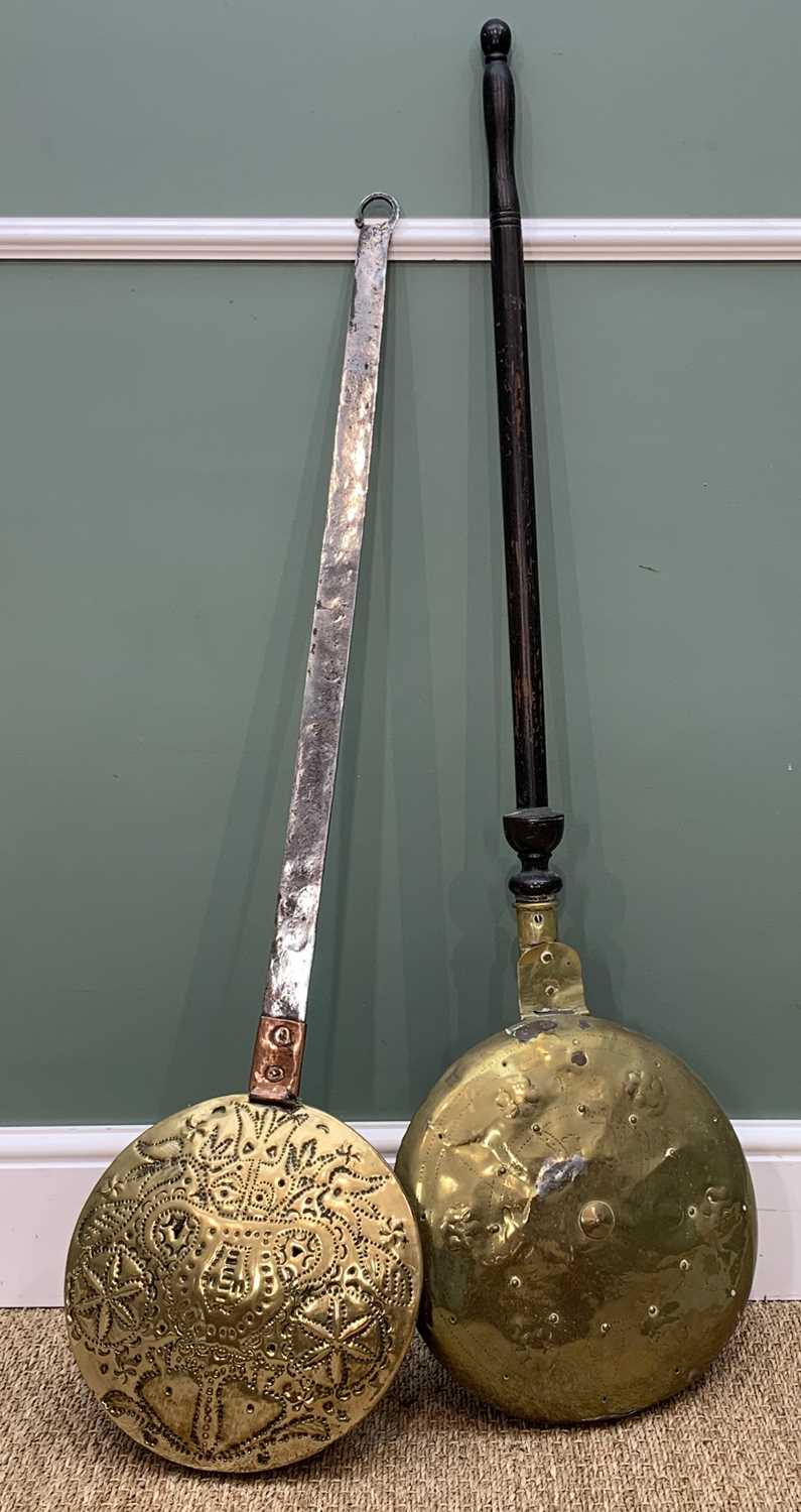TWO ANTIQUE BED WARMING PANS, one with turned wooden handle, brass and copper head with engraving,