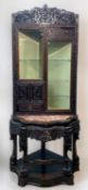 FINE CHINESE HONGMU STANDING CORNER CABINET, pink variegated inset marble base top, glazed panels