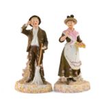 PAIR 19TH C. GEBRUDER HEUBACH COLOURED BISQUE FIGURES, of a gardener with broom and companion flower