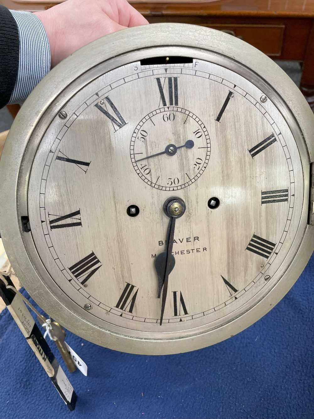 SHIP'S BULKHEAD CLOCK, the dial marked 'Beaver Manchester' with subsidiary seconds dial, two train - Image 6 of 7