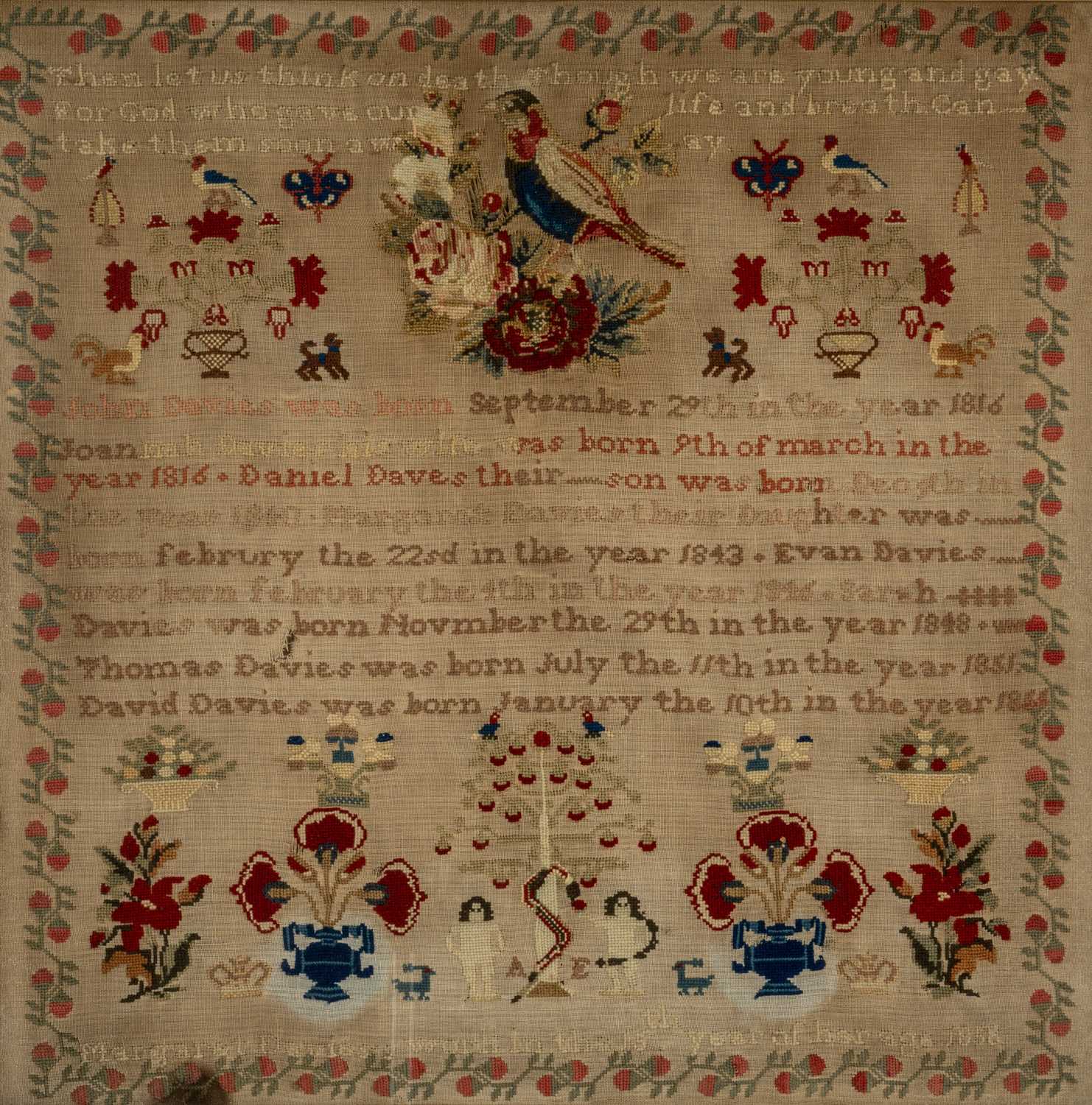 TWO VICTORIAN WELSH SAMPLERS, comprising large pictorial Family Record sampler by Margaret Davies, - Image 2 of 3