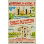 VINTAGE WESTERN WELSH AND CROSVILLE BUS ADVERTISING POSTER, printed in colours, Cardiff - Caernarvon