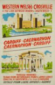 VINTAGE WESTERN WELSH AND CROSVILLE BUS ADVERTISING POSTER, printed in colours, Cardiff - Caernarvon