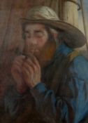 19TH C. BRITISH SCHOOL,watercolour and bodycolour - Fisherman lighting his pipe, 55 x 40cms