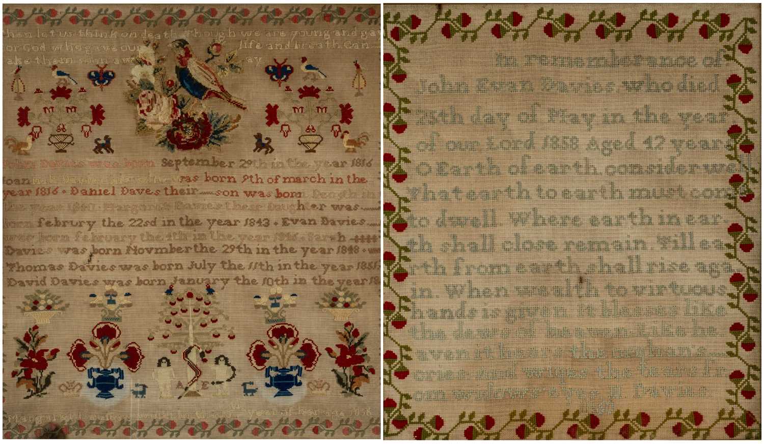 TWO VICTORIAN WELSH SAMPLERS, comprising large pictorial Family Record sampler by Margaret Davies,