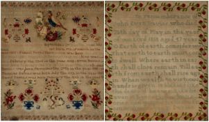 TWO VICTORIAN WELSH SAMPLERS, comprising large pictorial Family Record sampler by Margaret Davies,