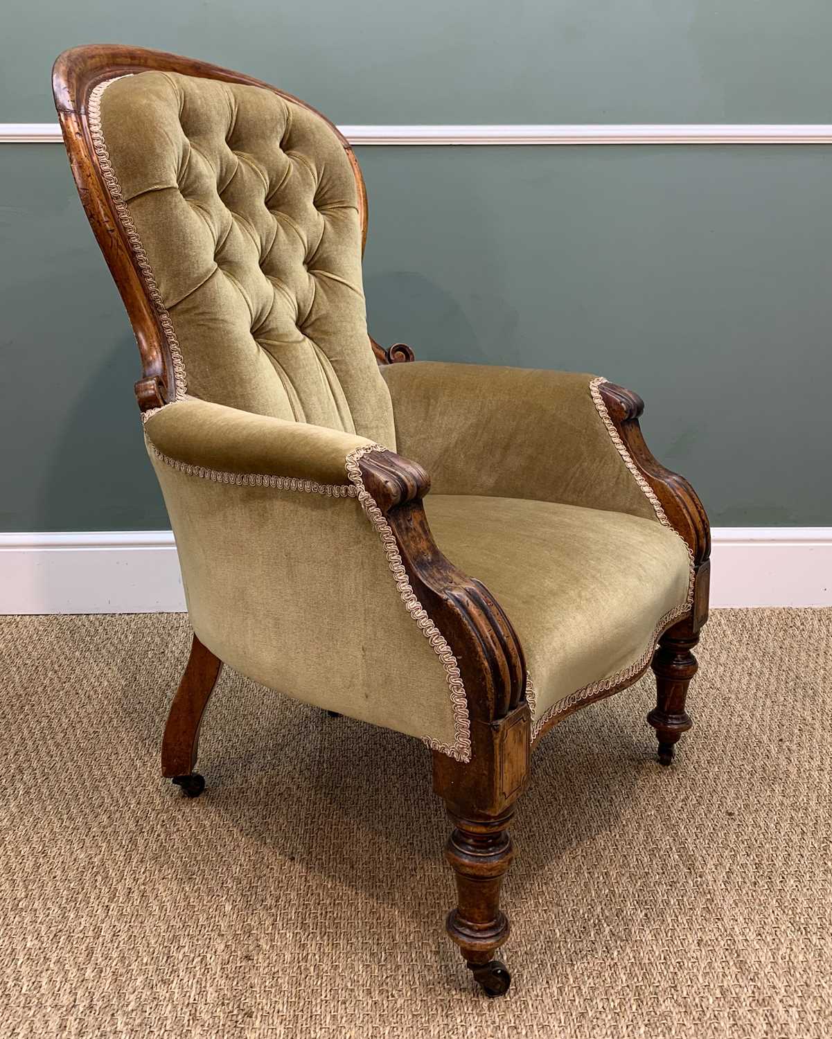 VICTORIAN WALNUT BALLOON BACK ARMCHAIR & GILT MIRROR, mirror with bevelled glass, distressed gilt - Image 3 of 8