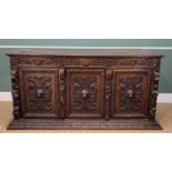 FLEMISH RENNAISSANCE-STYLE CARVED OAK SIDEBOARD, c.1900, three frieze drawers with carved 'Green