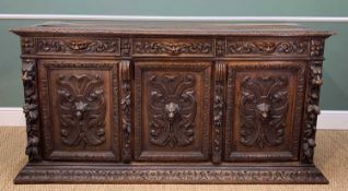 FLEMISH RENNAISSANCE-STYLE CARVED OAK SIDEBOARD, c.1900, three frieze drawers with carved 'Green