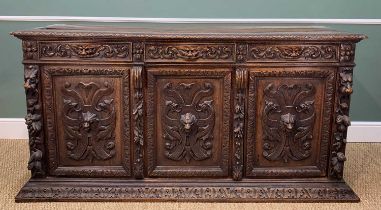 FLEMISH RENNAISSANCE-STYLE CARVED OAK SIDEBOARD, c.1900, three frieze drawers with carved 'Green
