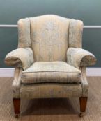 VICTORIAN STYLE WINGBACK CHAIR, damask neo classical style upholstery, castors to front legs, 112h x