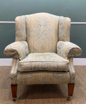 VICTORIAN STYLE WINGBACK CHAIR, damask neo classical style upholstery, castors to front legs, 112h x