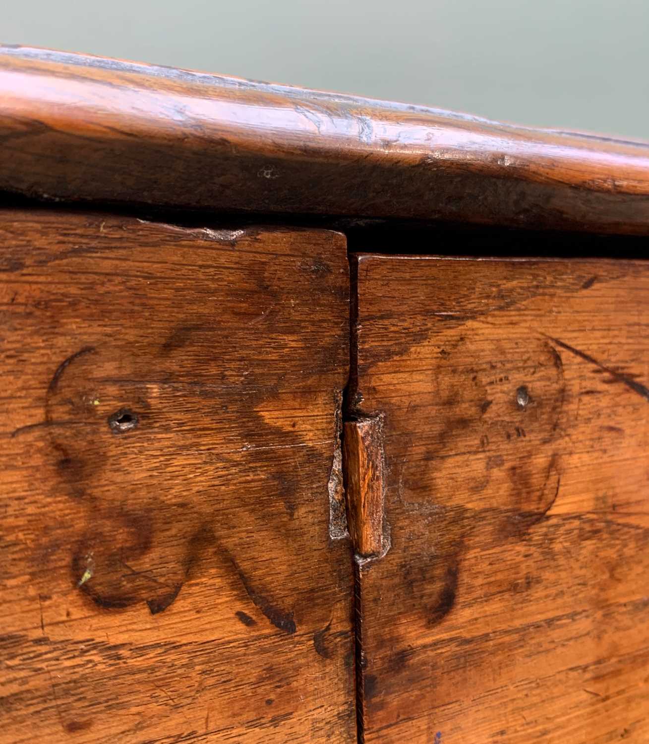 18TH C. WELSH JOINT OAK MULE CHEST, altered to a cupboard with fixed top, interior shelf and apron - Image 5 of 8