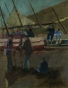 ‡ ATTRIBUTED TO JOSEF HERMAN OBE RA oil on board - standing and seated figures with boat, entitled