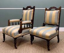 PAIR LATE 19TH C. LADIES & GENTS EASY CHAIRS, with lemon and silver striped upholstery, foliate