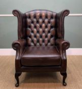 VICTORIAN STYLE BUTTON BACK WING BACK ARMCHAIR, mocha leather upholstery, 106h x 78w x 68cms d