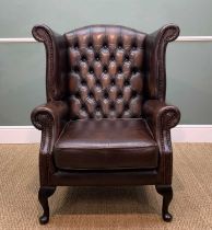 VICTORIAN STYLE BUTTON BACK WING BACK ARMCHAIR, mocha leather upholstery, 106h x 78w x 68cms d