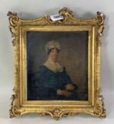 EARLY 19TH C. ENGLISH SCHOOL oil on panel - portrait of a lady in blue dress with white bonnet