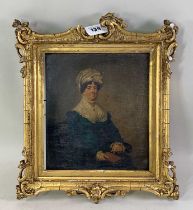 EARLY 19TH C. ENGLISH SCHOOL oil on panel - portrait of a lady in blue dress with white bonnet