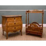 MODERN REPRODUCTION ITALIAN MARQUETRY BOMBE COMMODE, 78h x 82w x 43cms d, together with a