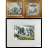 TWO VICTORIAN WOOLWORK PICTURES, one depicting an elderly gentleman and grandchild on a pony with