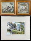 TWO VICTORIAN WOOLWORK PICTURES, one depicting an elderly gentleman and grandchild on a pony with