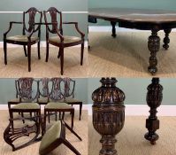 VICTORIAN STYLE OAK EXTENDING DINING TABLE & SET MAHOGANY CHAIRS, table stamped 'Selbat' under leaf,