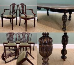 VICTORIAN STYLE OAK EXTENDING DINING TABLE & SET MAHOGANY CHAIRS, table stamped 'Selbat' under leaf,