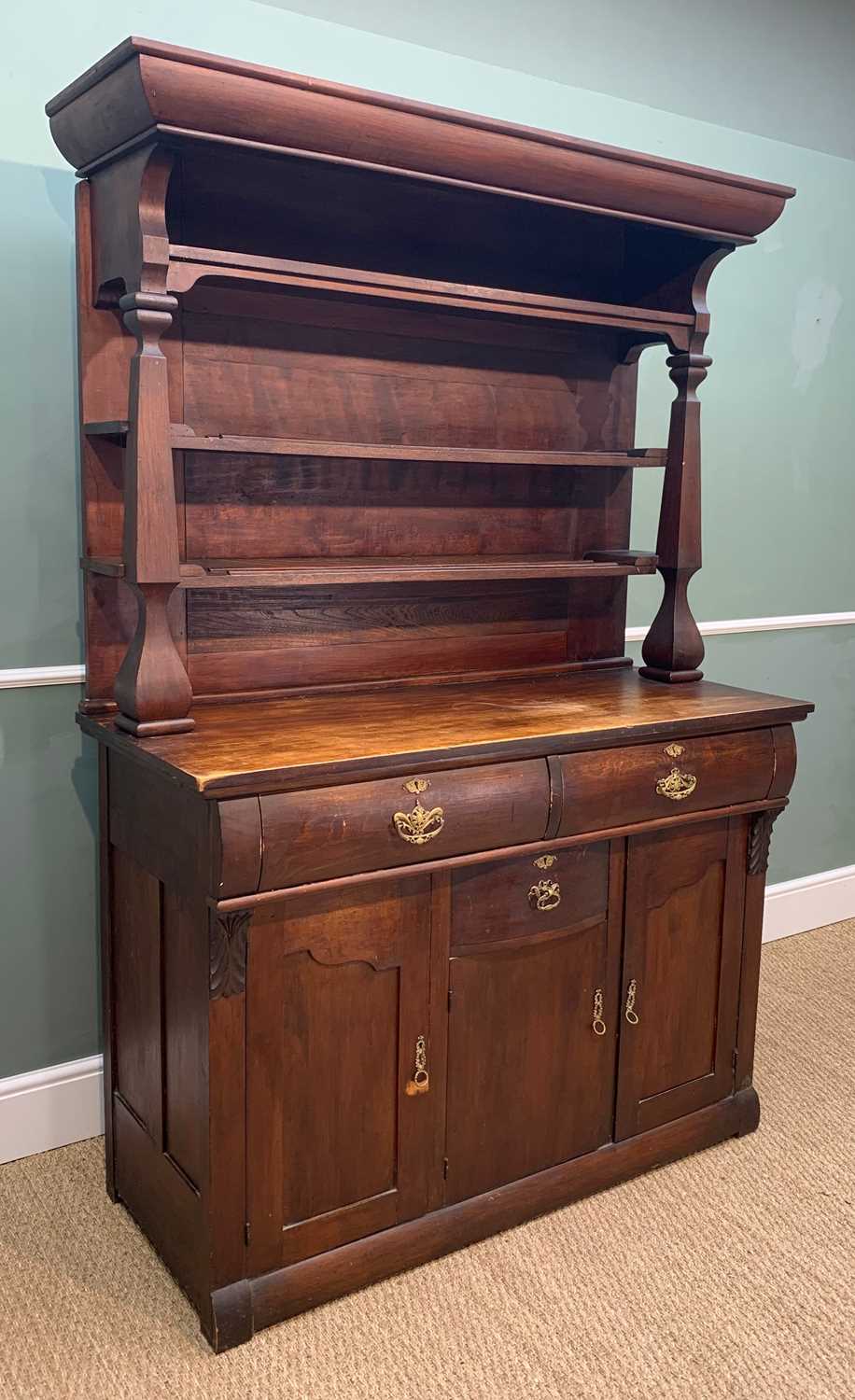 FRENCH CANADIAN FRUITWOOD DRESSER, possibly cherry, cornice above boarded plate rack, two frieze - Image 2 of 4