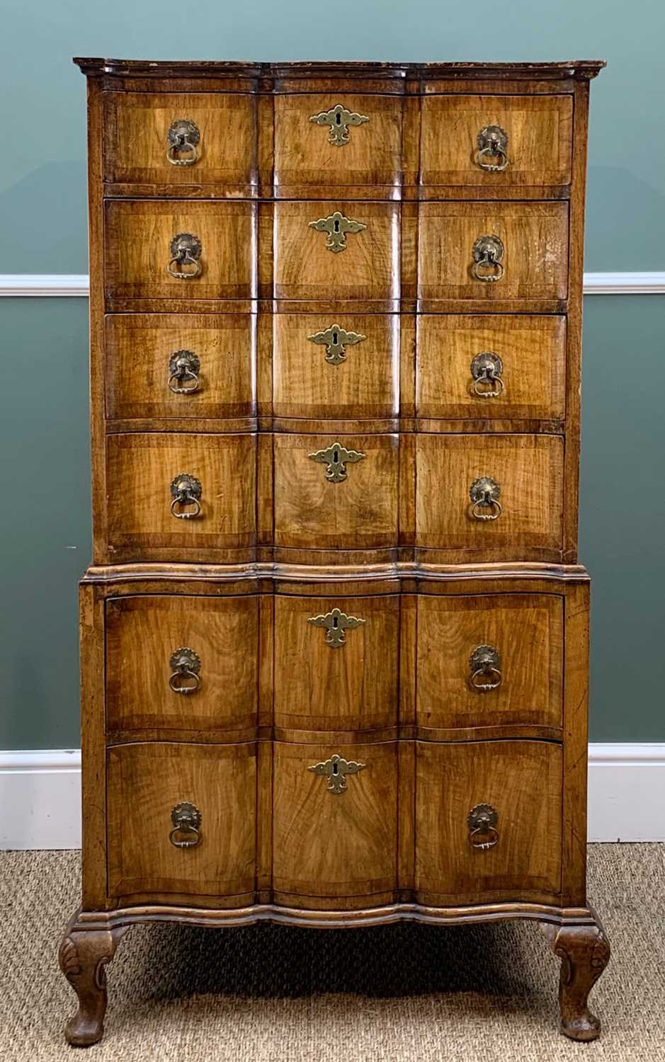 QUEEN ANNE STYLE WALNUT CHEST ON CHEST, of small proportions, arc en arbalette front, six drawers,