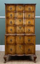 QUEEN ANNE STYLE WALNUT CHEST ON CHEST, of small proportions, arc en arbalette front, six drawers,