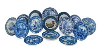 ASSORTED WELSH & STAFFORDSHIRE BLUE & WHITE PRINTED POTTERY, various patterns including 2x Ladies of