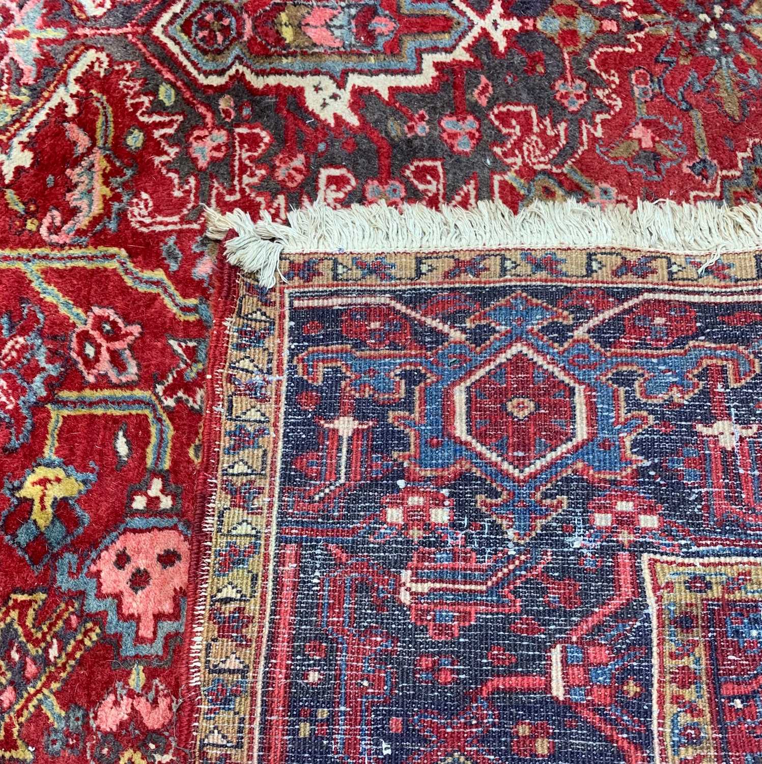 HERIZ CARPET, red lozenge serrated field and ivory/teal spandrels, broad dark border, 412 x 289cms - Image 6 of 6