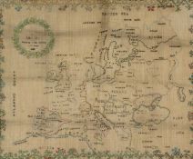 LATE GEORGE III NEEDLEWORK MAP OF EUROPE including British Isles, North Africa, Russia and Central