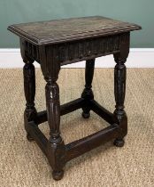 ANTIQUE JOINT OAK STOOL, in the Elizabethan style with moulded top, raised nulled frieze, fluted