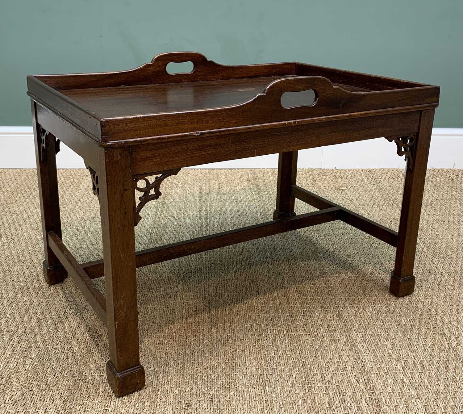 CHIPPENDALE-STYLE MAHOGANY SIDE TABLE, with tray top and pierced handles, on later base with pierced - Image 3 of 9